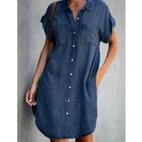 Vestido De Jean Desgastado Para Mujer Camisa De Densión Corta Con Mangas Botones Abajo Estilo Casual Túnica De Pierna Larga - details 4