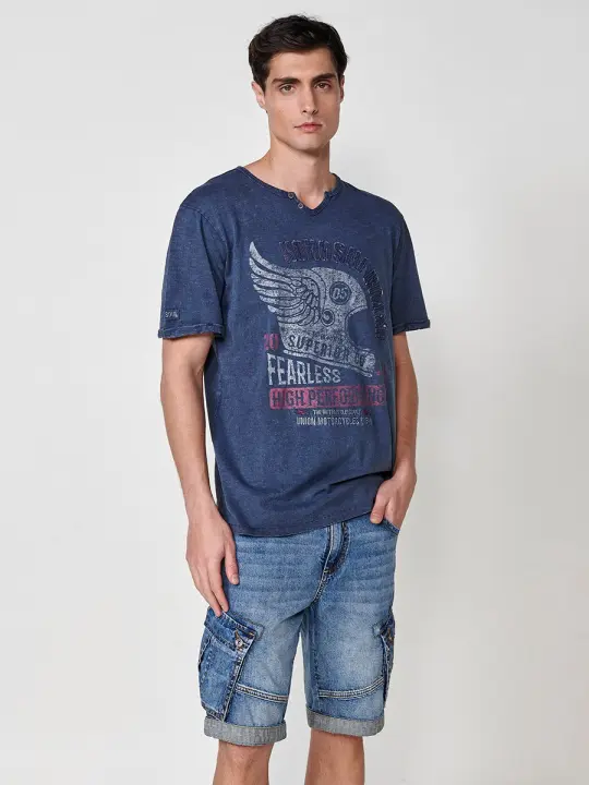 Koroshi Camiseta de Manga Corta de Algodón. Cuello con Abertura. Color Índigo para Hombre - 1
