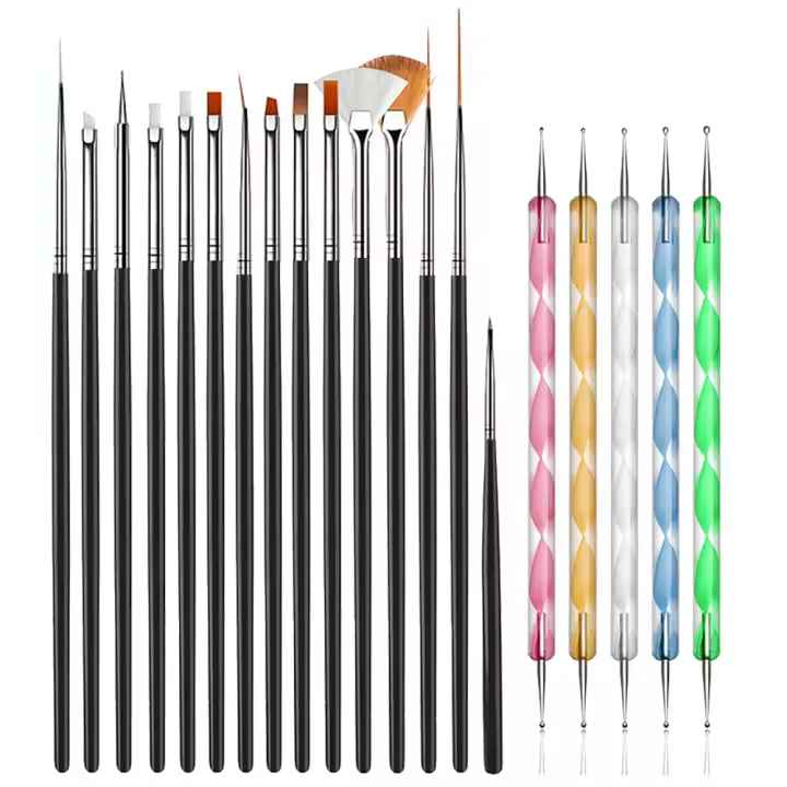 Juego de 20 herramientas para diseño de uñas, 15 pinceles para pintar y 5 rotuladores para puntear, color negro. - 1