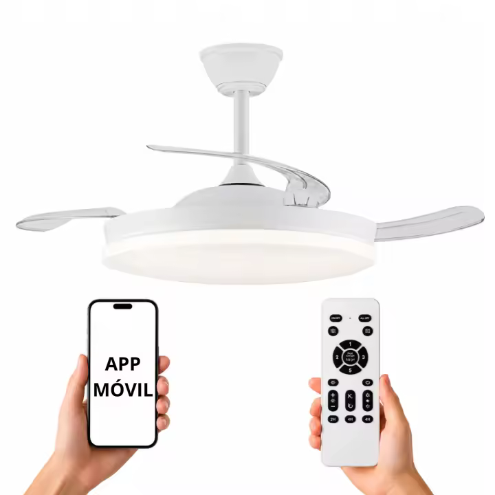 NARVI Ventilador de techo Blanco, Palas retráctiles,Motor DC, Luz LED Regulable y Memoria. Mando a distancia. REF RONDA 1661 WH - 1