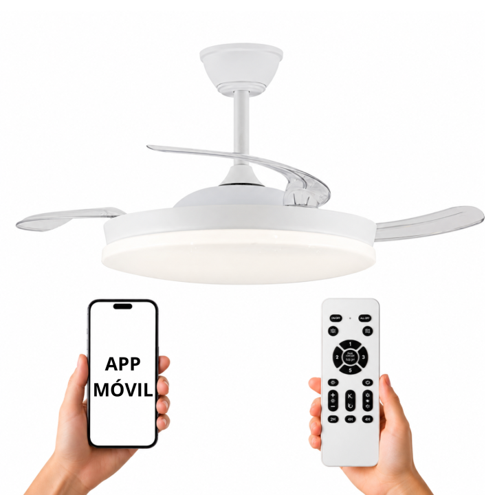 NARVI Ventilador de techo Blanco, Palas retráctiles,Motor DC, Luz LED Regulable y Memoria. Mando a distancia. REF RONDA 1661 WH
