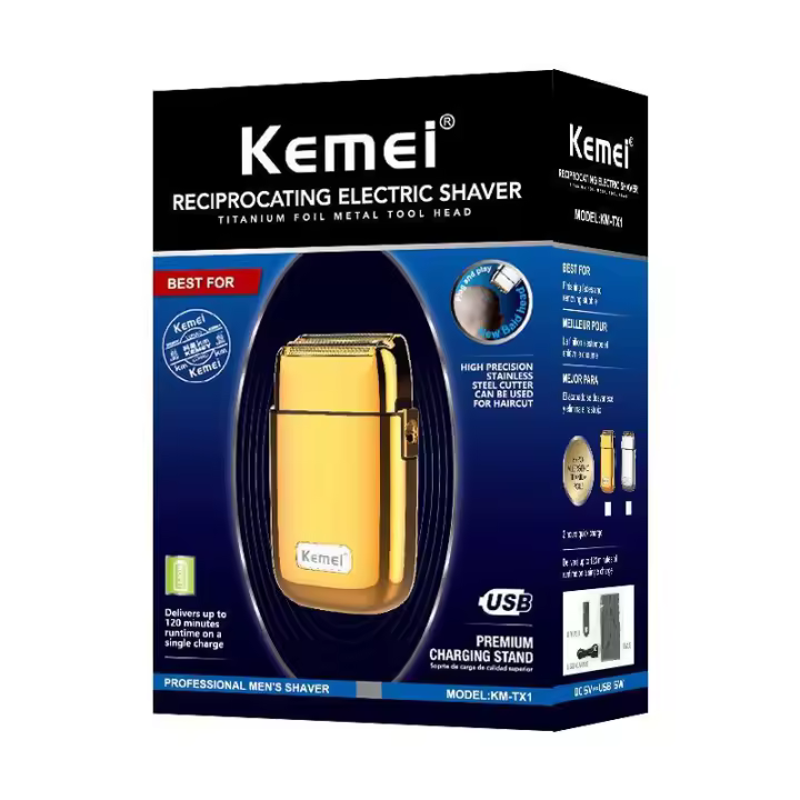 Afeitadora reciprocante Kemei KM-TX1 con cuerpo de metal dorado y plateado, recargable por USB - 1