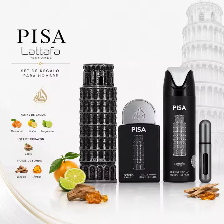 Pisa Lattafa Set Regalo Hombre | Eau de Parfum 100 ml + EDP 20 ml + Perfumed Spray 200 ml | Perfume Aromático Frutal 2024 | Notas de Mandarina, Limón y Bergamota | Fondo de Sándalo y Ámbar - 1