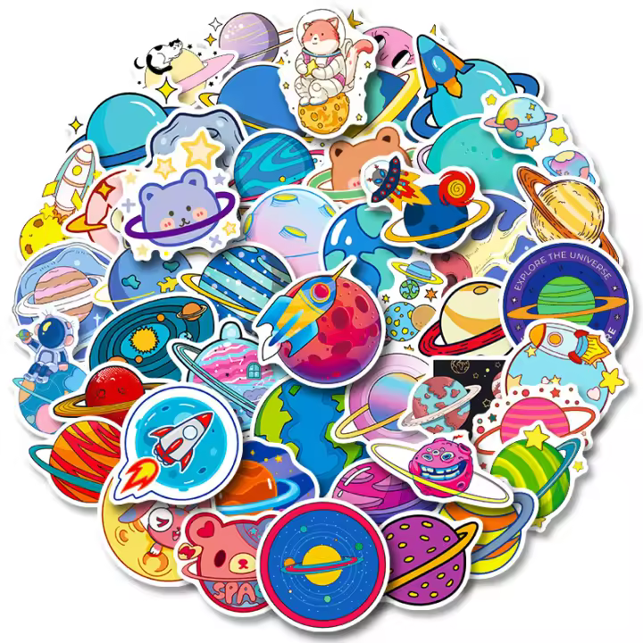 Packs De Pegatinas Espaciales 50pcs Planetas Meteoritos Y Astronauta Diversas Tamaños Resistentes Al Agua Para Laptop Y Teléfono - 1
