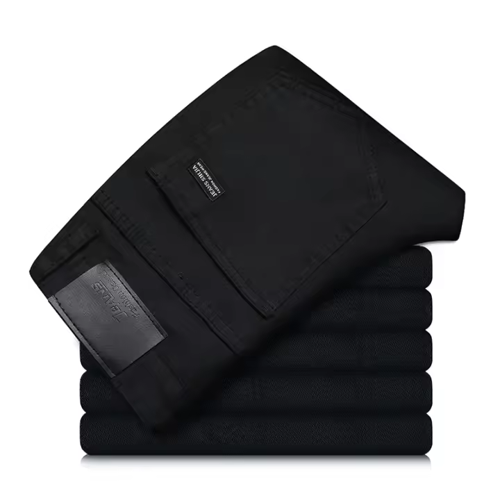 Jeans Negros Puros Para Hombre Estilo Coreano Moda Recta Cómodos Y Elásticos Clásicos De Negocios Talla Media Longitud Completa - 1