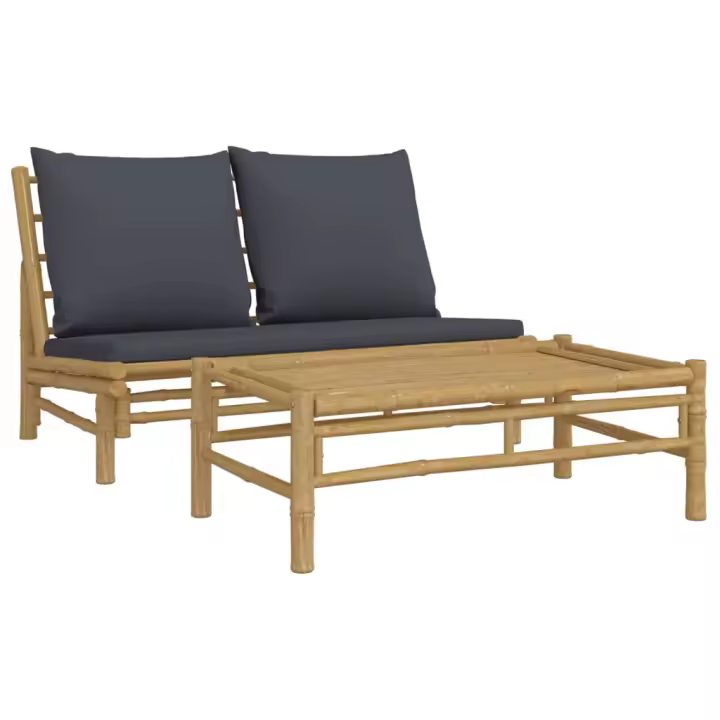 vidaXL Set de muebles de jardín 2 piezas bambú con cojines Crema, Gris oscuro, Conjunto Terraza Muebles Jardín Exterior Juego de Muebles de jardín Mueble Jardín Exterior Muebles de Salon Exterior - 1