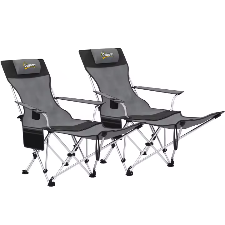 Outsunny Conjunto de 2 Sillas Plegables Camping Tumbonas Camping Portátiles con Reposapiés Desmontable Reposacabezas Portavasos y Bolsa Lateral Carga 120 kg para Jardín Playa Pesca Gris y Negro - 1