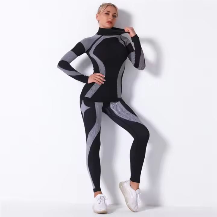 Seamless Sets 2 Pcs High Waist Leggings+Long Sleeve Top Workout Sport Suit Seamless Yoga Sets Nylon Knitted Sets Striped Gym Suit Sportswear - 1