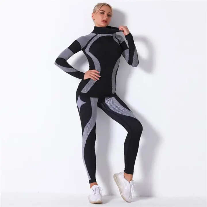 Seamless Sets 2 Pcs High Waist Leggings+Long Sleeve Top Workout Sport Suit Seamless Yoga Sets Nylon Knitted Sets Striped Gym Suit Sportswear - 1