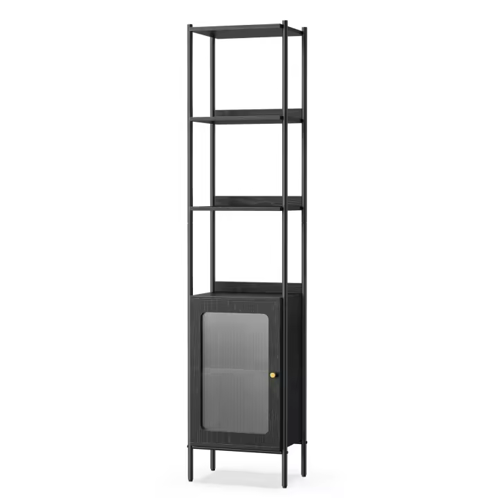 VASAGLE Librería de 6 Niveles, Estantería Alta con Puerta de Plástico PC, Estilo Moderno, Estantería Independiente, Marco de Metal, Estante Ajustable, para Salón, Beige Roble y Blanco Perla/Negro Ébano y Negro Mate - 1