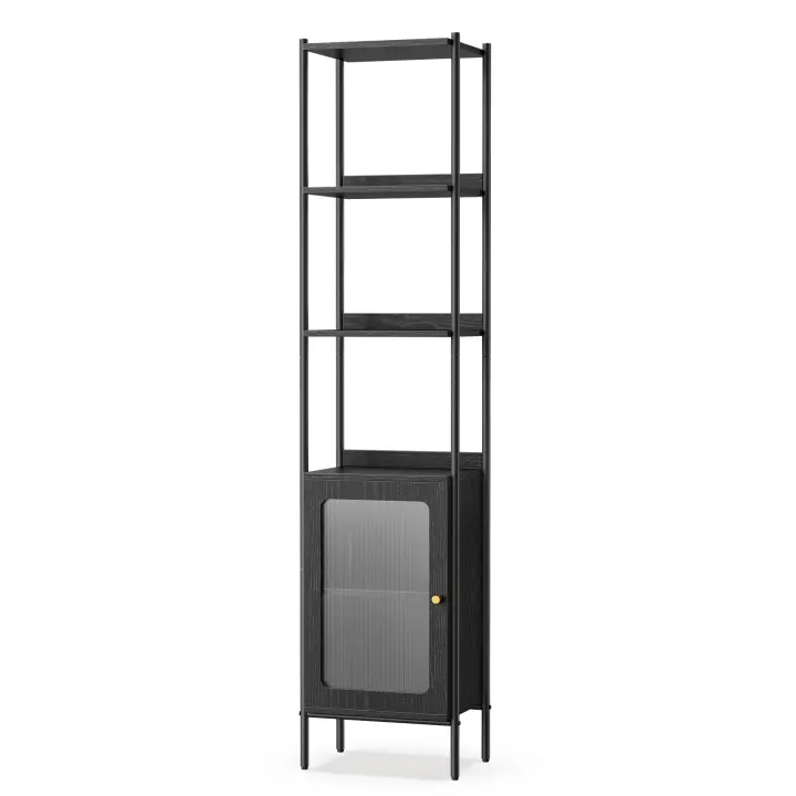 VASAGLE Librería de 6 Niveles, Estantería Alta con Puerta de Plástico PC, Estilo Moderno, Estantería Independiente, Marco de Metal, Estante Ajustable, para Salón, Beige Roble y Blanco Perla/Negro Ébano y Negro Mate - 1