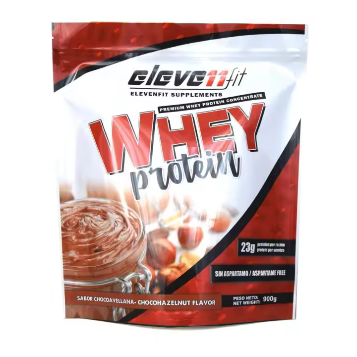 Eleven Fit Proteina Whey Pro, Concentrado de Suero / Aumenta Masa Muscular / BCAA's y Antioxidantes / Refuerza Huesos y Defensas / Bajo en Grasas y Carbohidratos, Sabor Crema De Chocolate Y Avellana, 900GR - 1