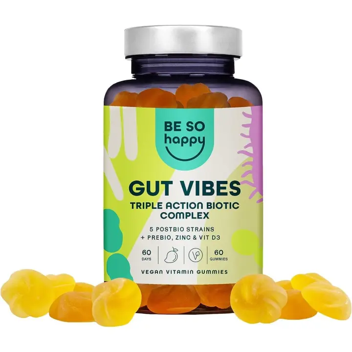 Prebióticos y Postbióticos Intestinales, Gominolas para la Flora Intestinal, 60 dias, Complejo con Zinc + Vitamina D3, Sabor a Frutas Tropicales, Veganas, Be So Happy® - 1