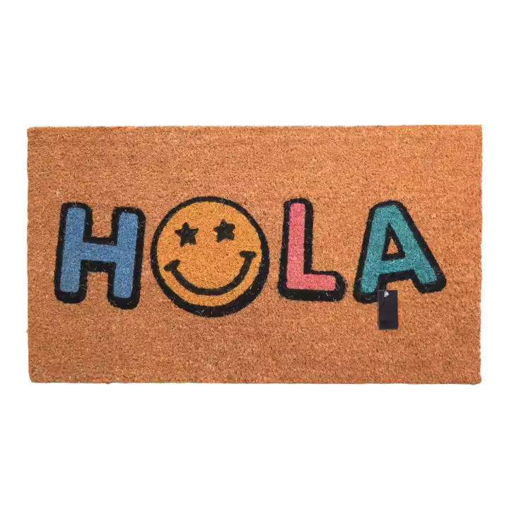 DISTRIBUX Felpudo Hola con cara sonriente Para Puerta Entrada de Casa Base Goma Antideslizante Material Fibra de Coco 100% Natural Decoración Hogar 40 x 70 cm Alfombrilla Fibra de Coco Original y Divertida - 1