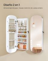 Espejo joyero de pared con luz led y cerradura, organizador con varios compartimentos para pendientes y collares, color blanco, habitación, dormitorio - details 2