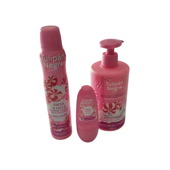 Pack Tulipán Negro Fresa y Nata: Loción Corporal 400ml + Desodorante Roll-On 50ml + Spray 200ml – Mima tu piel con una explosión de dulzura, frescura y suavidad irresistible. Hidratación, protección y aroma delicioso que te acompaña todo el día a tu piel - 1