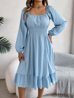 Vestido A-Line De Mujer Elegante Otoño Invierno Color Sólido Cuello Cuadrado Manga Larga Volantes Vestido Midi Casual Polyester Spandex - details 4