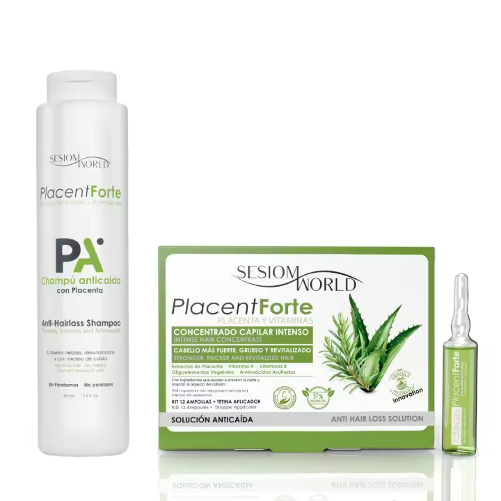 Sesiomworld - PACK Especial BASIC TRATAMIENTO ANTICAIDA PLACENT FORTE AMPOLLAS DE 12 UDSX10ML + CHAMPU TRATAMIENTO 400ML - Tratamiento Anticaída - Fortalece el Cabello - Previene la Caída - 1