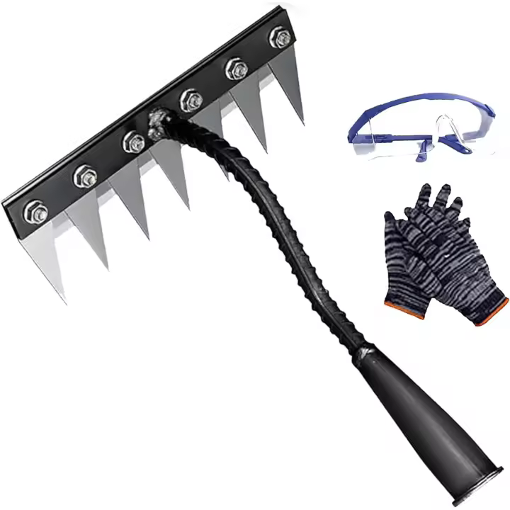 Rastrillo de hierro 2.0, para jardinería y deshierbe, resistente, de acero al carbono, con 5/6/7/8 dientes, para recoger hojas y nivelar césped (6 dientes) - 1