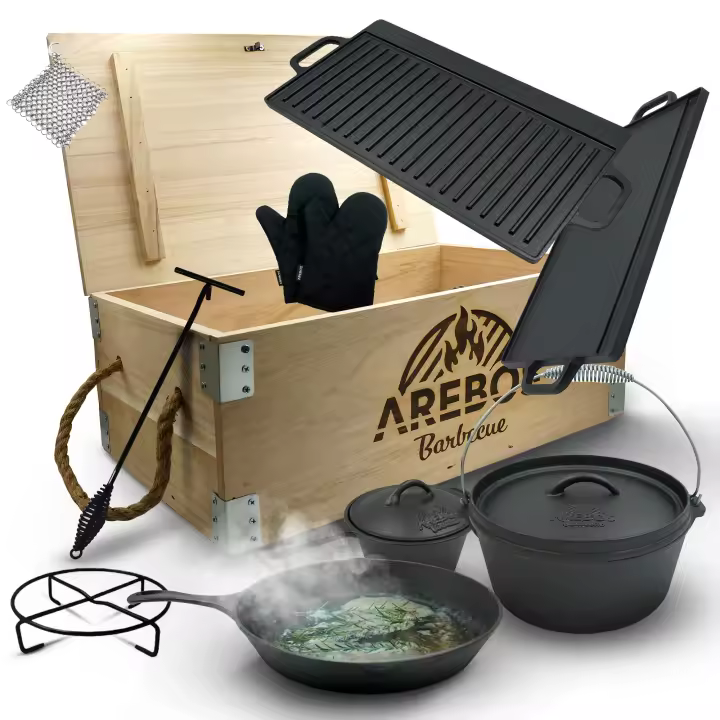 AREBOS hierro fundido Dutch Oven BBQ Set de con caja madera guantes protectores - 1