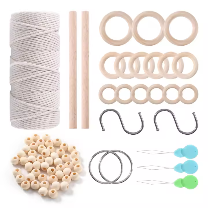 Cordón de algodón de macramé con cuentas de macramé, cuerda de madera, varilla de madera con ganchos para colgadores de pared de plantas, Kit de macramé, 3mm - 1