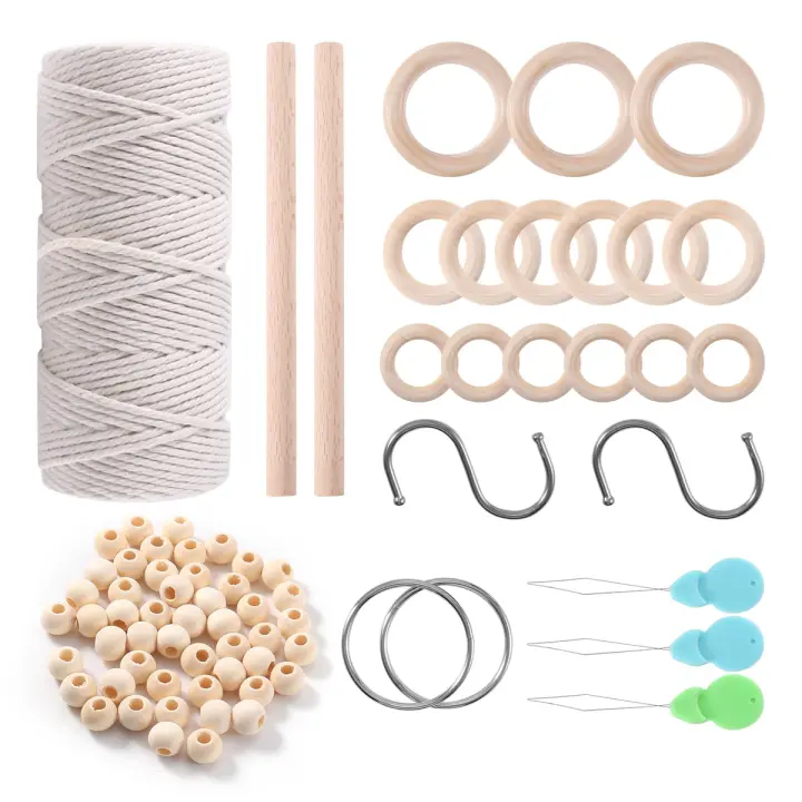Cordón de algodón de macramé con cuentas de macramé, cuerda de madera, varilla de madera con ganchos para colgadores de pared de plantas, Kit de macramé, 3mm - 1