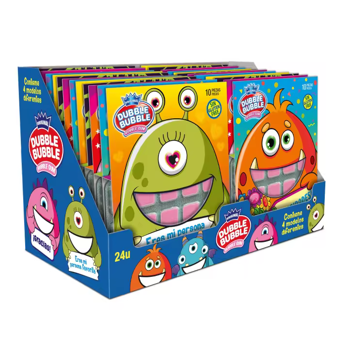 Dubble Bubble - Monsterteeth – caja con 24u - Chicles en forma de dientes - Sabor Fresa - 4 diseños – ¡Con Frases Divertidas y Dedicatorias! - 1