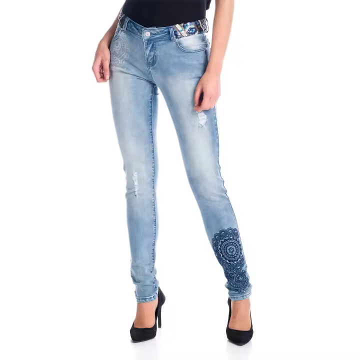 Koroshi Pantalón Denim Pitillo Mujer con Bordado Mandala y Lentejuelas – Koroshi Azul Medio - 1