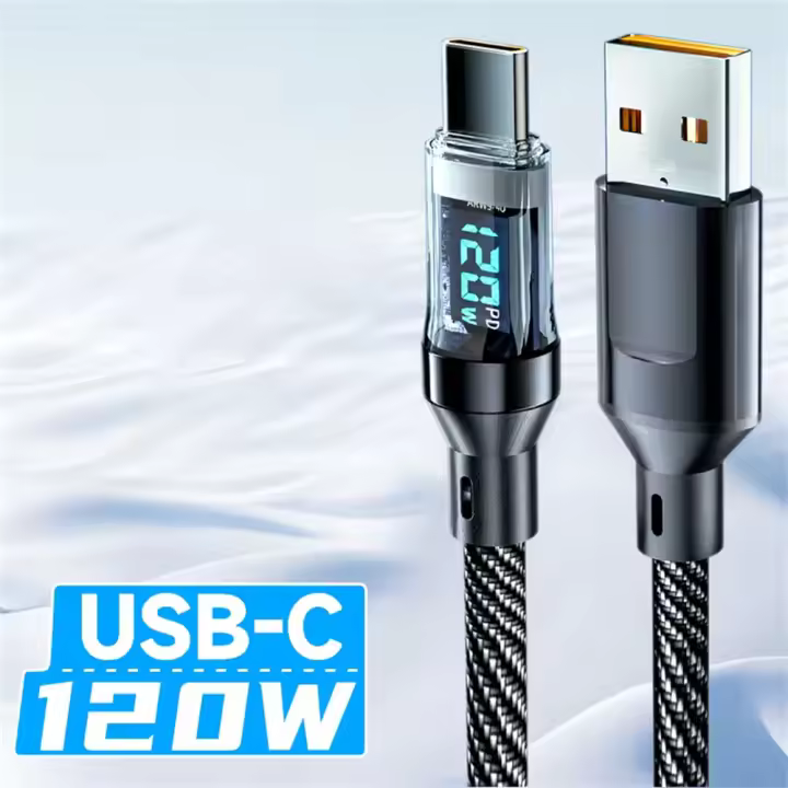 Cable De Carga Rápida 120W Con Pantalla LED USB a Tipo-C Para Xiaomi Samsung IOS Cordón De Datos Tejido Alta Velocidad - 1