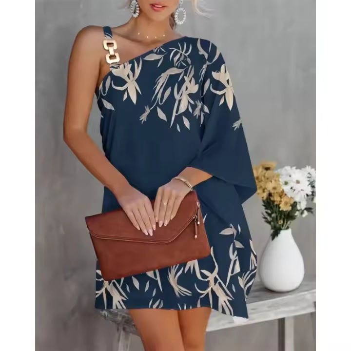 Vestido De Hombros Descubiertos Para Mujer Verano Estampado Moderno Con Cuello Diagonal Y Manga Bate Con Cordón Metálico Vestido Suelto De Color Sólido Para Oficina - 1