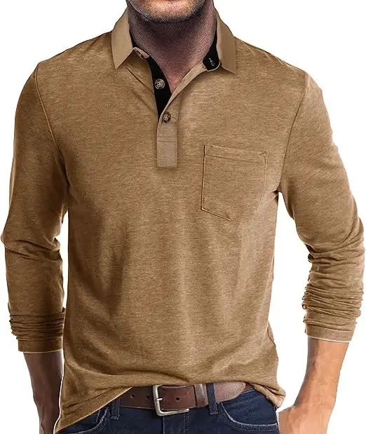Polos de manga Larga para hombre with Bolsillo, camisas de golf informales - 1