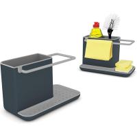Almacenamiento/organizador de fregadero con drenaje integrado, Soporte para esponja, cepillo, detergente y paño de cocina, extraíble, tamaño regular, gris-WELLNGS - details 0