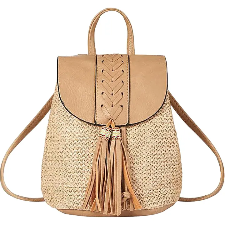 Mochila de paja para Mujer, Bolso de Playa vestido a mano de Verano, Bolso Escolar, mochila de viaje, de moda Bohemio - 1