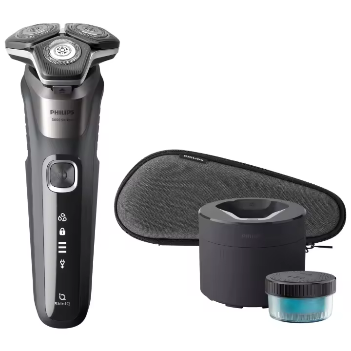 Philips Serie 5000 Afeitadora Eléctrica , Cuchillas SteelPrecision, Sensor de Densidad de la Barba, Cabezales con movimiento 360º, Uso en Seco y Húmedo, Base de limpieza y Funda Dura de Viaje, USB-A,  60min. Autonomia; Color Carbón Grey. (S5887/50) - 1