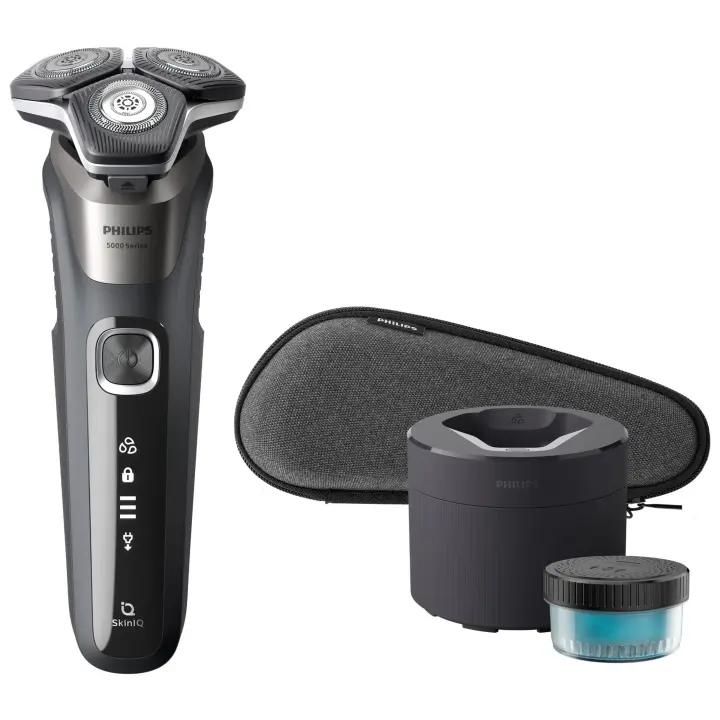 Philips Serie 5000 Afeitadora Eléctrica , Cuchillas SteelPrecision, Sensor de Densidad de la Barba, Cabezales con movimiento 360º, Uso en Seco y Húmedo, Base de limpieza y Funda Dura de Viaje, USB-A,  60min. Autonomia; Color Carbón Grey. (S5887/50) - 1