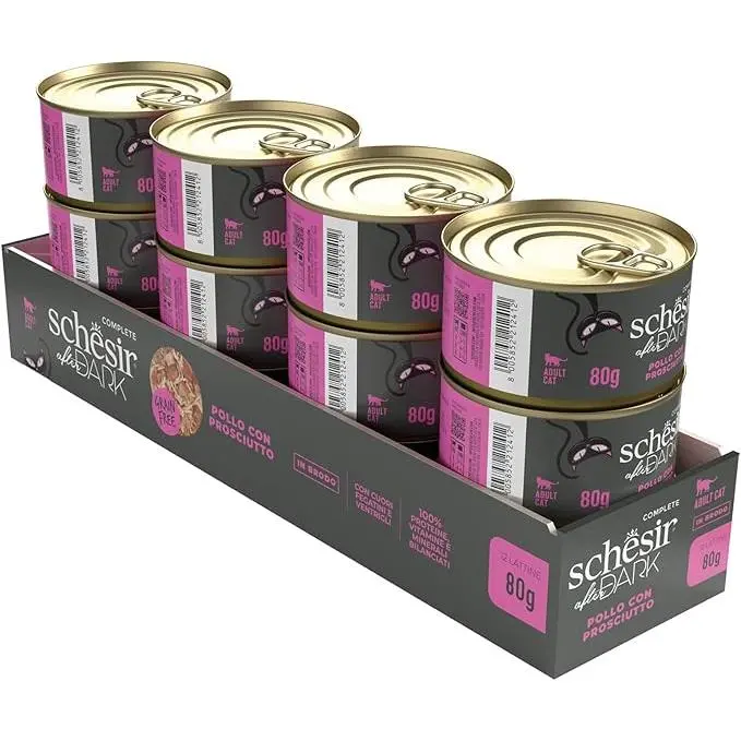 Schesir After Dark, Sabor Pollo con jamón en filetes, alimento húmedo Completo para Gatos Adultos (latas 12 de 80 g) - 1
