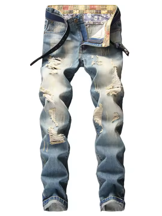 Jeans De Denim Retro Para Hombre Tallas Grandes Estilo Casual Con Diseño De Destroce Y Agujeros Pantalones Tendencia Masculina - 1
