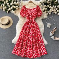 Vestido Midi Elegante De Verano Para Mujer Con Cuello En V Estampado Floral Manga Acolchada Cintura Alta Botones Vestido De Playa Rojo/Amarillo/Negro - details 0
