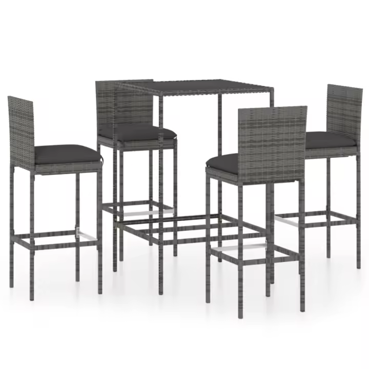 vidaXL Mesa y taburetes altos jardín 5 piezas ratán sintético gris - 1