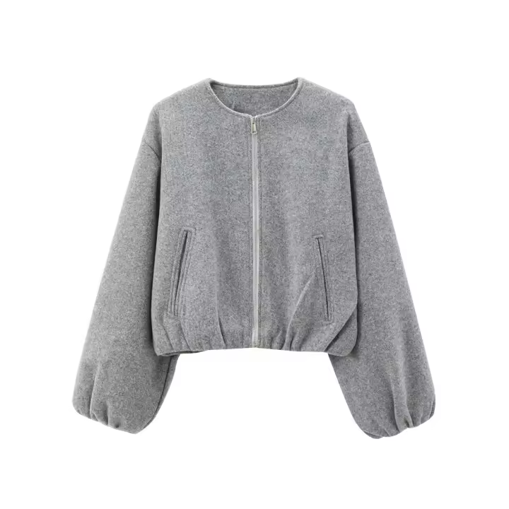 Autumn Women Crop Soft Bomber Jacket Coat Vintage Lantern Sleeve O Neck With Zipper Casual Loose Outerwear Lady Outfits - 1