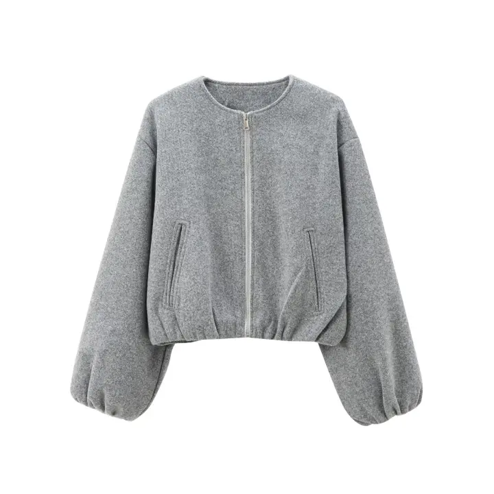 Autumn Women Crop Soft Bomber Jacket Coat Vintage Lantern Sleeve O Neck With Zipper Casual Loose Outerwear Lady Outfits - 1