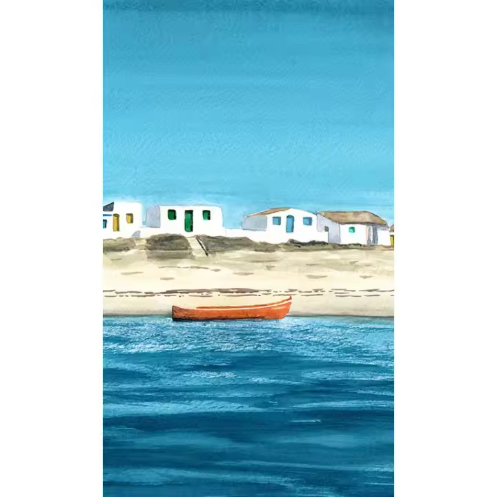 Cuadro "CULATRA" Vertical  Reproducción en lienzo Alta Calidad de acuarela colorida tonos arena azules blanco rojo amarillo verde turquesa bote rojo horizonte casas blancas ventanas de colores Calma Paz vacaciones isla Salon Casa playa Ref ANA DURAN A 035 - 1