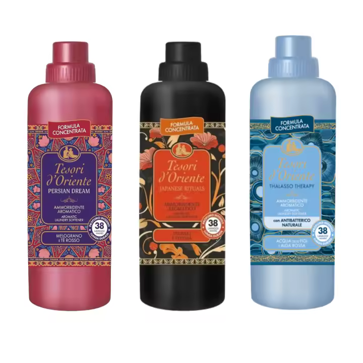Tesori d'oriente suavizantes orientales arabes para la ropa pack de 3. Rosa Negra y Ládano, Aceite de argán y flor de naranja, Tsubaki y Peony japonés, GRANADA y TÉ ROJO, Agua de Fiji y algas rojas. Aromas orientales, aromas arabes, ropa suave y esponjosa - 1