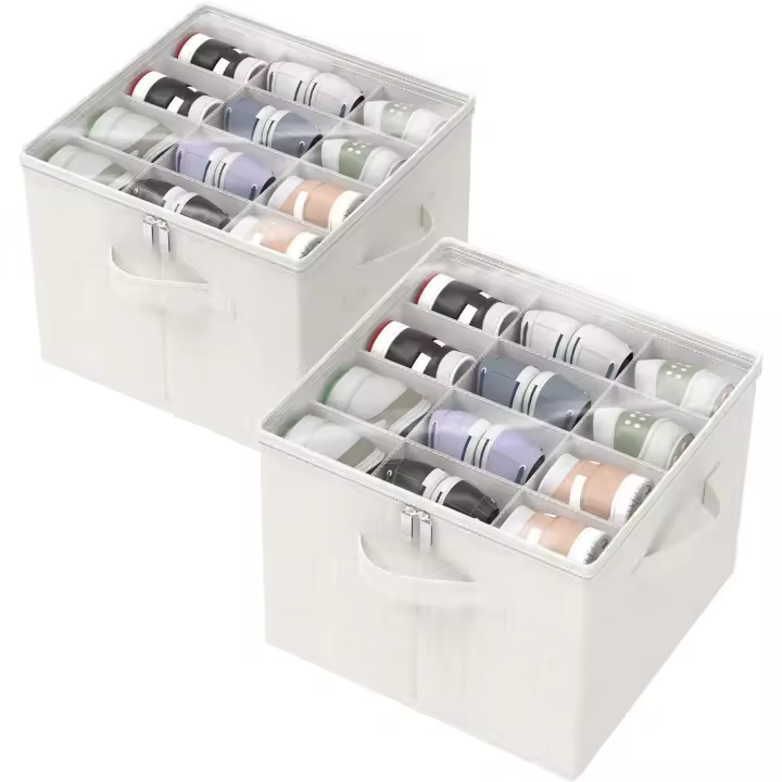 2 Piezas Organizador de Zapatos, Zapatero Legable Apta para 12-24 Pares, Almacenaje Ropa with Cubierta Transparente Y 3 Asas Reforzadas, 43x43x33 cm, Blanco Marfil, XSNX01WM-2 - 1