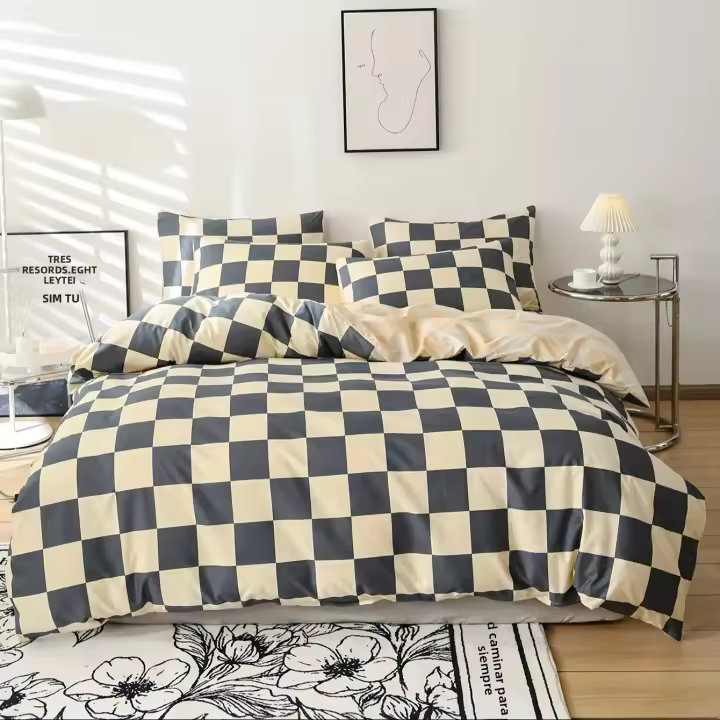 Juego De Sábanas Con Estampado Cuadriculado 3 Piezas Para Dormitorio Y Habitación De Invitados (1 Funda De Edredón + 2 Fundas De Almohada, Sin Relleno) Material De Algodón 100% Técnica De Tejido Otras Estilo Geométrico - 1