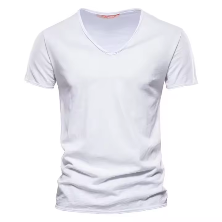 Camiseta De Algodón 100% Para Hombre Cuello V Ajustada Moda Manga Corta Transpirable Ligera Absorbedora De Humedad - 1