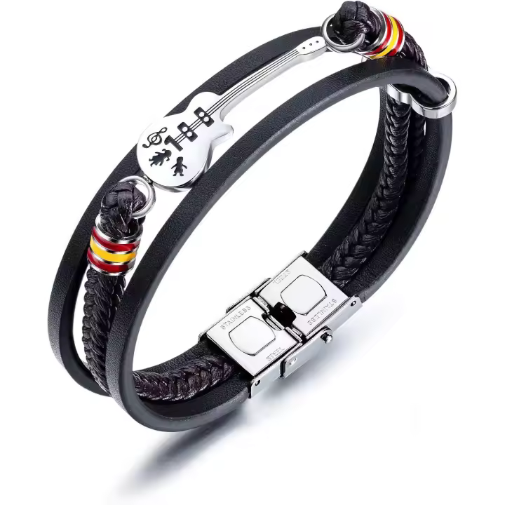 Pulsera Hombre Trenzada Arce Inoxidable Guitarra with Hebilla de Seguridad Negro - 1