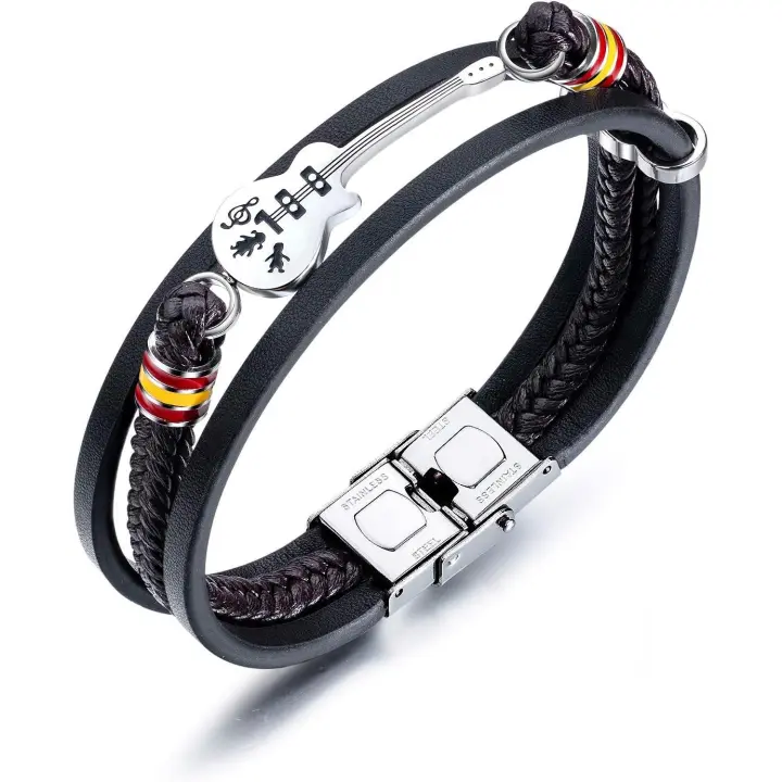 Pulsera Hombre Trenzada Arce Inoxidable Guitarra with Hebilla de Seguridad Negro - 1