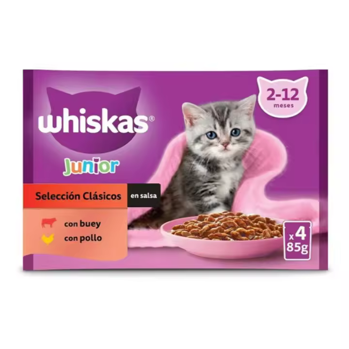 Whiskas Junior Selección Clásicos en Salsa Comida Húmeda para Gatos (13x4x85g bolsitas) - 1