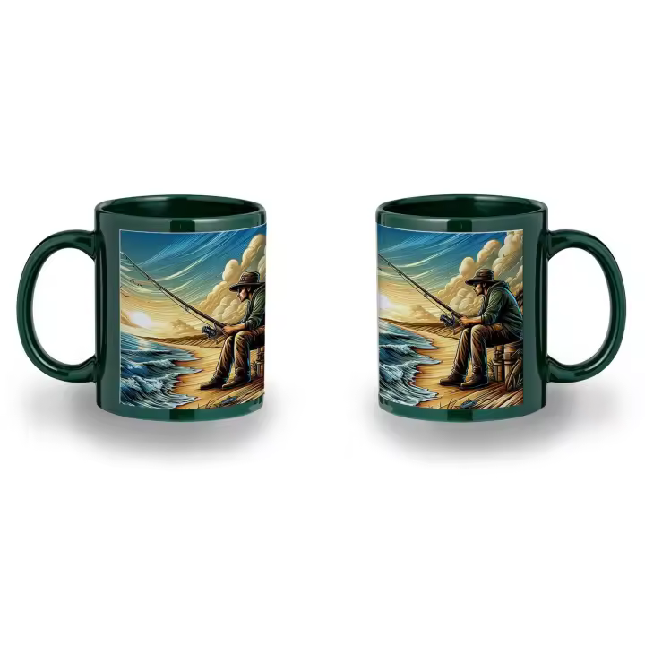 MERCHANDMANIA TAZA COLOR NEGRO RECUADRO atardecer pesca pescador playa agua verano color mug - 1